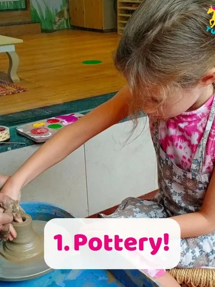 A young girl gets her first lesson at the potter's wheel. I ensure that every child feels comfortable and supported as they try this exciting new activity.