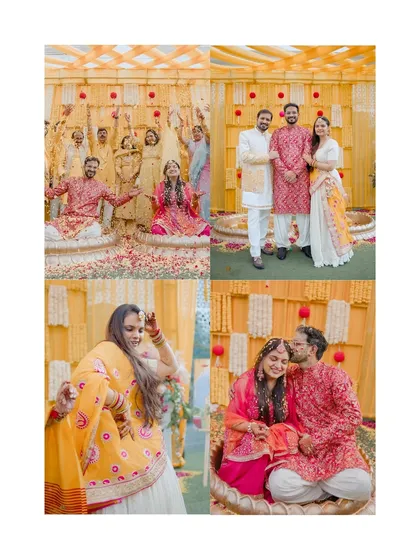 A collage of Rishab and Ashmita's haldi, showing the couple's portraits, family fun, and candid moments. It's a snapshot of a day filled with laughter and love.