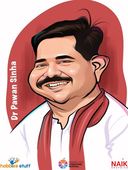 A digital portrait of Dr. Pawan Sinha, a spiritual preceptor and educationist, created for the Orange Literature Festival.