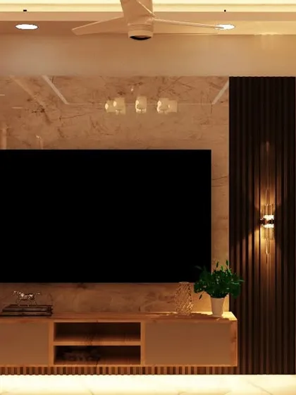 A 3D render of a TV unit with marble and fluted wood panels, shown with warm ambient lighting.