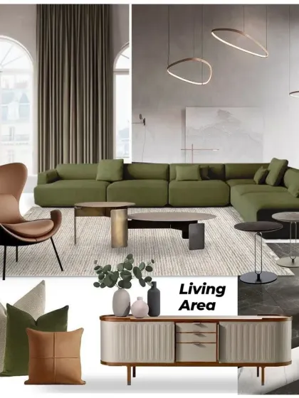 This living area mood board features an olive green sofa and cognac leather chair, showing how to introduce color while maintaining a sophisticated, earthy feel.