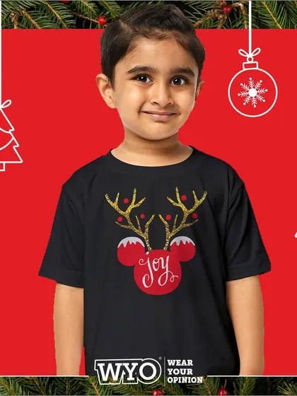 A joyful Christmas t-shirt for kids, featuring a Mickey Mouse-shaped ornament with reindeer antlers. This design is available for instant printing.