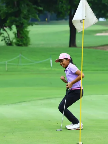 A moment of pure joy as Aahana Shrivastava celebrates sinking a putt during the US Kids Golf India Fall Tour.