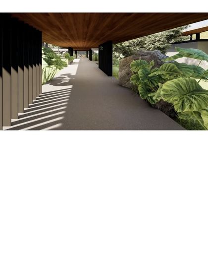A rendering of a covered walkway for a new family retreat. The design uses the space between buildings to create atmospheres of peace and connection to the landscape.