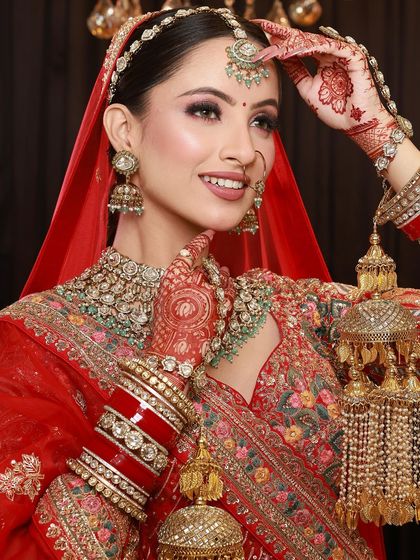 A classic bridal pose, with the bride's mehandi-adorned hands framing her face, highlighting both her beauty and the art.