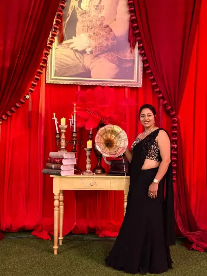 Posing with some vintage decor at a themed Sangeet party. I love when events have a unique theme that I can play along with.