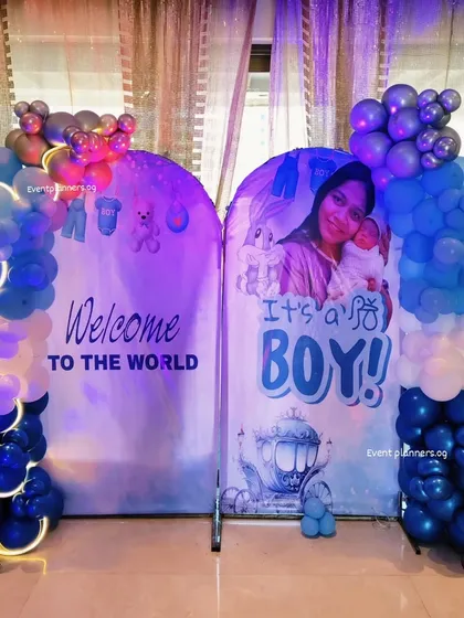 A "Welcome to the World" backdrop for a baby boy, featuring a photo of the mother and newborn.