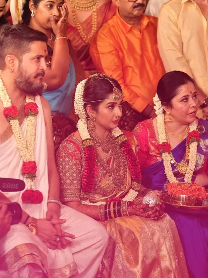 A precious moment from Sonal and Tharun's wedding. I had the honor of designing outfits for the bride, groom, and myself for this beautiful ceremony.