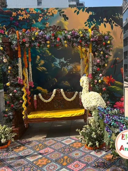 I love decorating for festive and spiritual events. This beautiful floral swing setup, inspired by Vrindavan, was created for a Holi celebration, providing a divine and picturesque spot for photos against a lush, nature-themed backdrop.