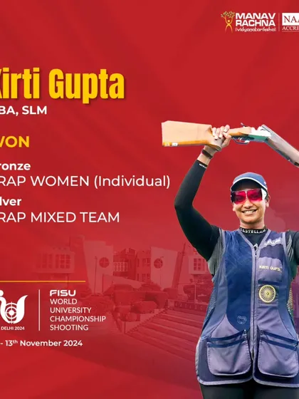 Kirti Gupta proudly displays her medals after winning Bronze and Silver in the Trap Women's events at the FISU World University Championship. Her performance highlights the strength of our trap shooting program.