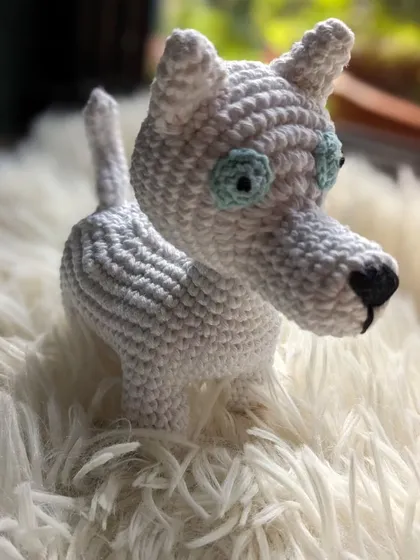A custom crochet dog named Chase, with unique blue eyes.