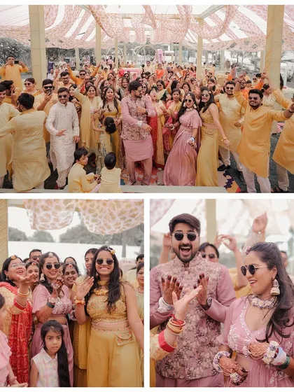 The dance and celebration during a Haldi ceremony are a must-capture. This collage shows the couple and their guests dancing with full energy, showcasing the festive spirit of the event.