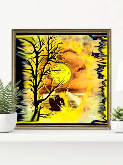 The abstract moon painting displayed as a smaller, framed piece on a shelf.