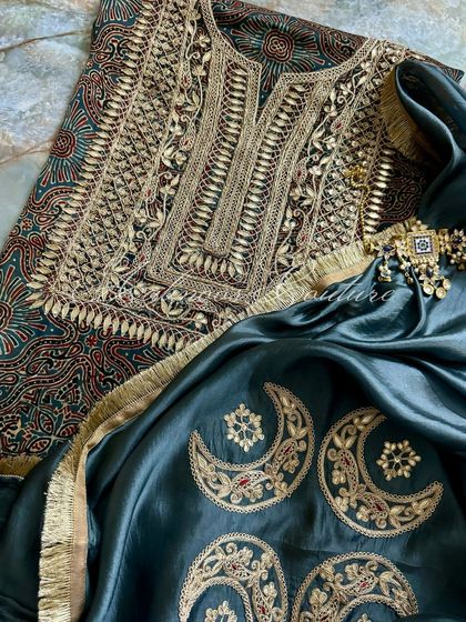 A final detailed shot of the kurta and dupatta, capturing the essence of this handcrafted luxury ensemble.