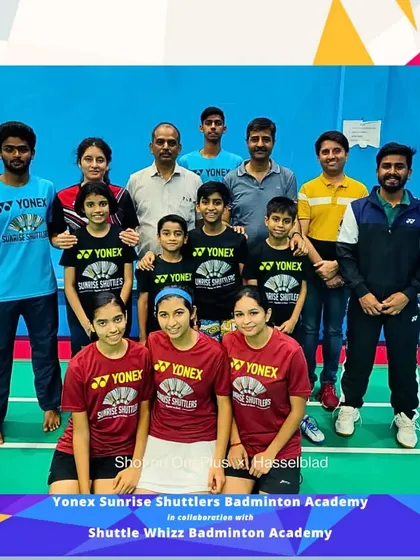 Our students and coaches with the team from Sunrise Shuttlers Academy during our collaborative student exchange training program.