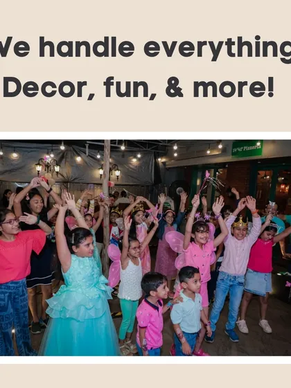 "We handle everything - Decor, fun, & more!" This image of kids dancing captures the essence of my service: I take care of the details so you and your guests can have all the fun.