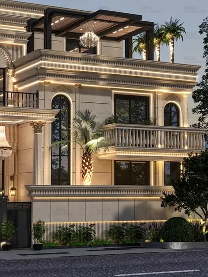 A home's exterior is its first promise. For this residence, I blended modern classic elements like grand arches and stately columns with clean lines and strategic lighting to create a facade that feels both timeless and impressive. It’s a statement of elegance that welcomes you home.