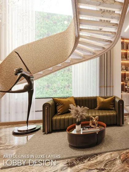A closer look at the lobby, focusing on the artful lines of the staircase and the placement of a bronze sculpture, creating a luxurious and layered feel.