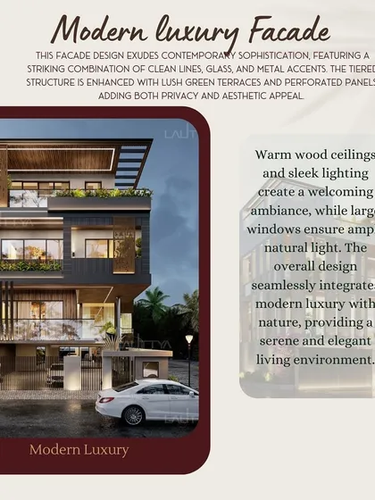 Explaining a modern luxury facade, this graphic showcases how we use clean lines, tiered structures, and materials like glass and perforated panels to achieve a sophisticated look that provides both privacy and aesthetic appeal.