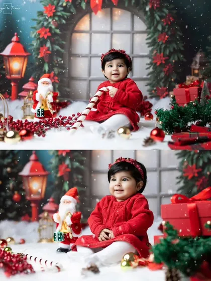 A collage of two festive photos from our Christmas mini-session, showing the magical, snowy scene we created in our studio.