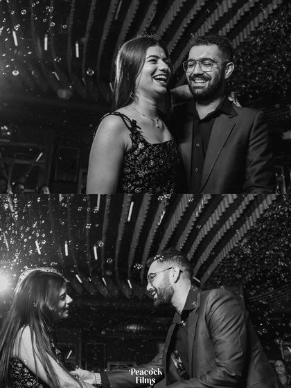 A black and white collage from a lively post-wedding brunch. These candid shots capture the couple's laughter and the celebratory atmosphere filled with bubbles.