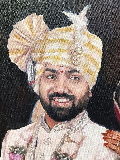 Close-up of the groom's face from a wedding portrait.