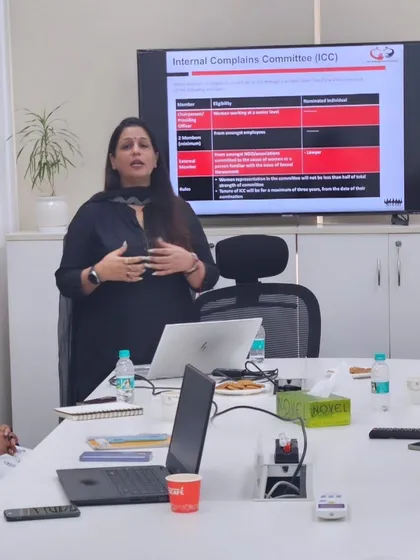 A key part of my corporate workshops is explaining the practical details of the POSH Act. This image captures a moment where I am detailing the composition and responsibilities of the Internal Complaints Committee (ICC), a critical component for any compliant organization.