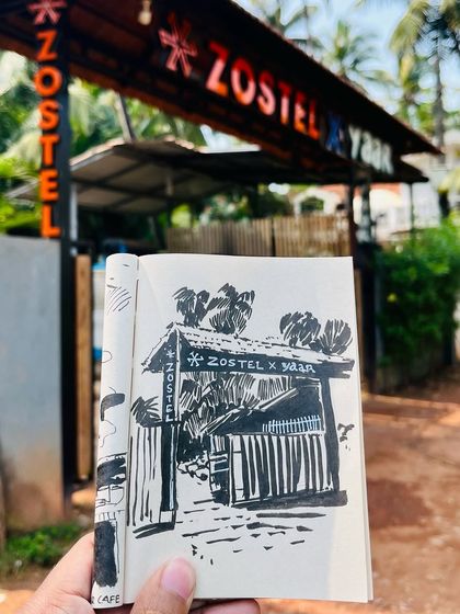 A quick pen sketch of Zostel in Morjim, Goa. I had an amazing time at this hostel, and sketching it was my way of preserving the memory.