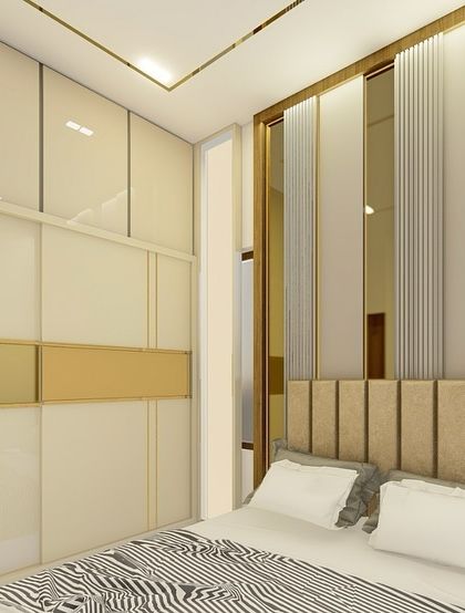 This luxurious bedroom render showcases a floor-to-ceiling wardrobe with glossy cream and gold finishes. The headboard wall features vertical fluted panels and mirrors for a touch of glamour.