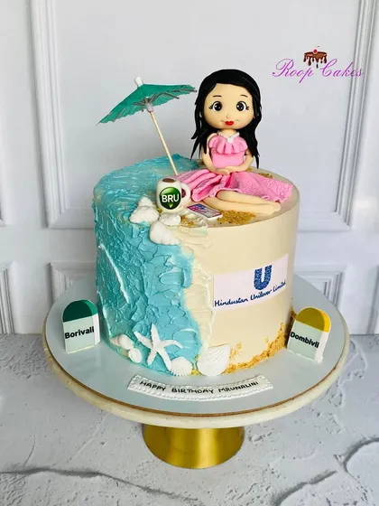 Life is too short for ordinary cake. This custom creation features a beach scene on one side and corporate logos on the other, reflecting the client's life and passions.