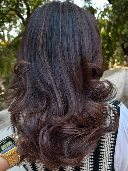 Holiday ready in 'Chocolate Truffle'. This set shows the transformation from grown-out color to a rich, dark chocolate brown. I also included a shot showing how the color settles beautifully after 10 days.