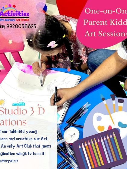 I offer one-on-one art sessions for a parent and child to create together. This image shows a special bonding moment where a father and daughter are working on a 3D art piece. It's a unique opportunity to connect and make a masterpiece together.