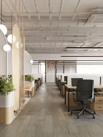 A conceptual rendering of the workstation area, exploring the use of cane partitions and integrated planters. This visualization was key to defining the balance between open space and semi-private zones.