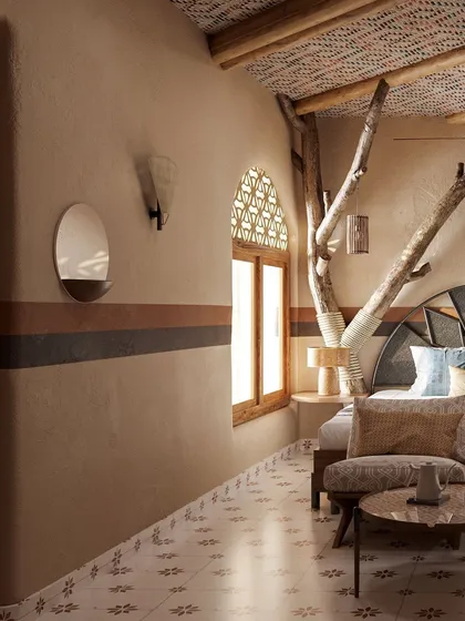 This side view shows how the integrated tree element, wall textures, and *jali* window come together to create a cohesive and nature-inspired interior. The design is all about creating a holistic, sensory experience.