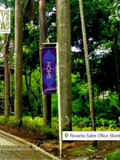 Even small details matter in landscape design. The use of tall, slender palms and clear signage at the Revanta Sales Office in Mumbai creates a sophisticated and memorable environment for visitors.