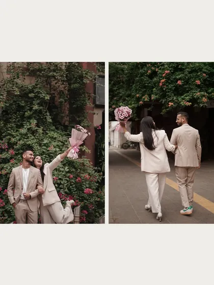 A diptych showing a couple's playful and romantic walk through the city. These shots capture their joyful interaction and stylish look, perfect for a modern pre-wedding story.