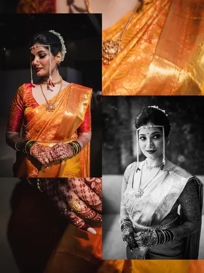 This collage showcases the bride's full look, contrasting a color portrait in her stunning orange saree with elegant black and white shots.