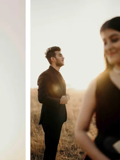 Another beautiful diptych from the sundowner session. It pairs a classic portrait with a more candid, softly focused shot, showing different facets of their connection.