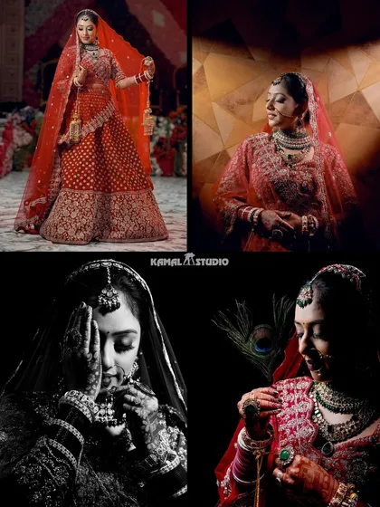 A creative collage of the bride, showcasing her in color, black and white, and with artistic details like a peacock feather.
