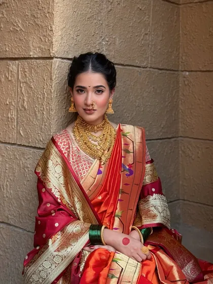 A classic portrait of a Maharashtrian bride. The makeup features warm tones and a defined eye, perfectly complementing the traditional gold jewellery and green bangles.