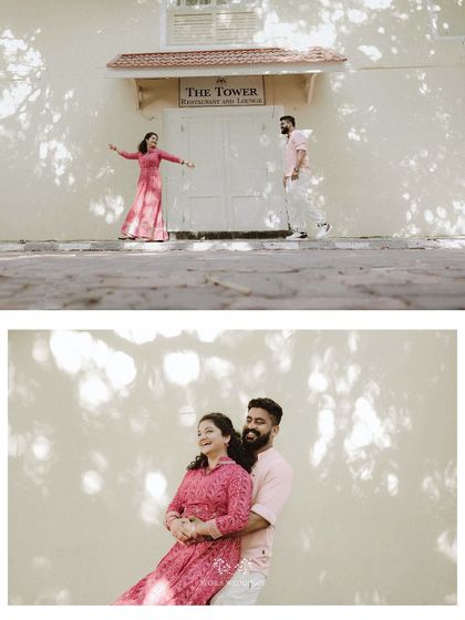 A collage of a couple in pink, capturing both playful and romantic moments against a charming architectural backdrop.