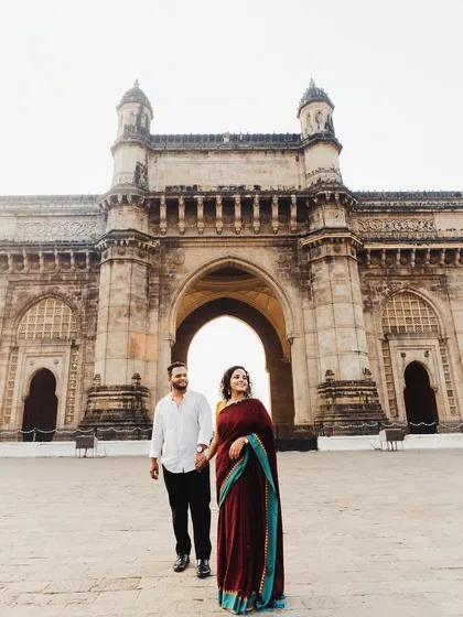 Capturing a love story with Mumbai's iconic Gateway of India as the witness. This kind of shot blends your personal journey with the grandeur of the city, creating a powerful and memorable pre-wedding photograph.