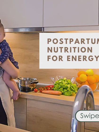 This image introduces our guide to postpartum nutrition for energy. It shows a mom in the kitchen with her baby, emphasizing that fueling your body is part of caring for your family.