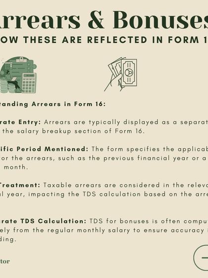 Arrears and bonuses have specific tax treatments. This image shows how they are displayed as separate entries in Form 16, with TDS often calculated separately to ensure accuracy.