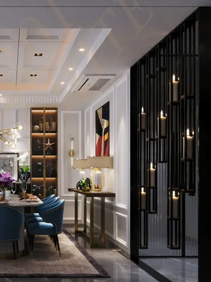 The custom black metal partition with integrated candle-style lights is a unique design element that adds drama and ambiance to the dining room.