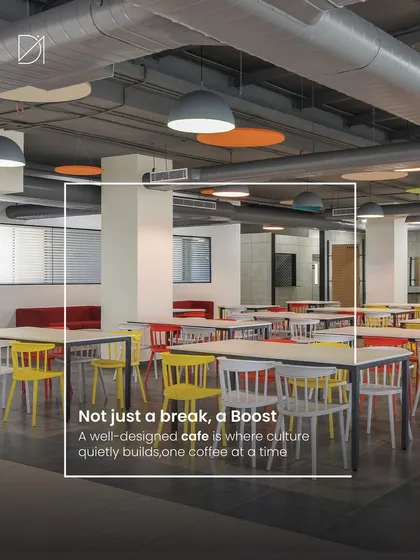 An office cafeteria is where company culture is built. We designed this vibrant dining area with a mix of colorful seating and clean lines to create an energetic and inviting space for employees to connect, recharge, and collaborate over coffee.
