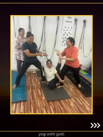 It takes a team to achieve a deep stretch. This fun moment shows how we support each other, even if it means two people helping one.