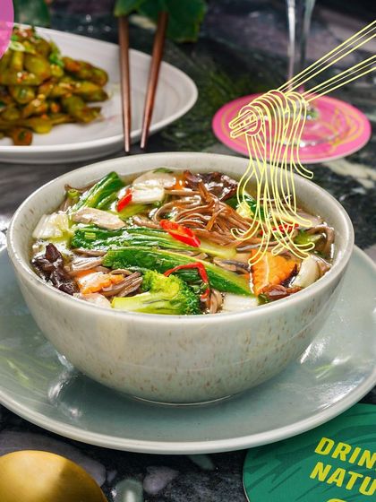 Another shot of the delicious and hearty vegetable pho, a popular choice from our pan-Asian menu.