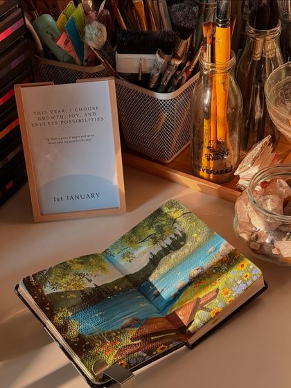 The finished sketchbook painting of the lakeside bench, open to a new page for a new year.