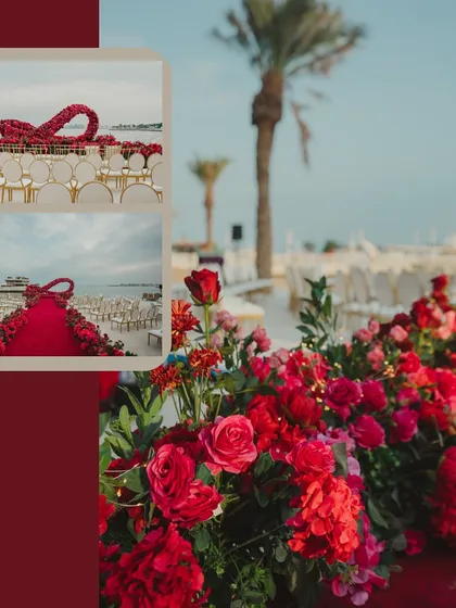 Another collage showcasing the dramatic red aisle and the beautiful floral details of the Qatar wedding.